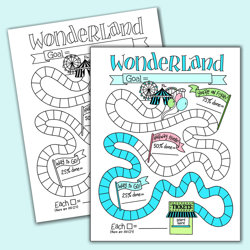 Wonderland amusement park savings goal tracking chart like candyland game with ferris wheel roller coaster and balloons